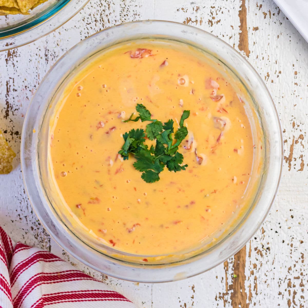 Overhead view of queso sprinkled with cilantro on top for recipe card image.