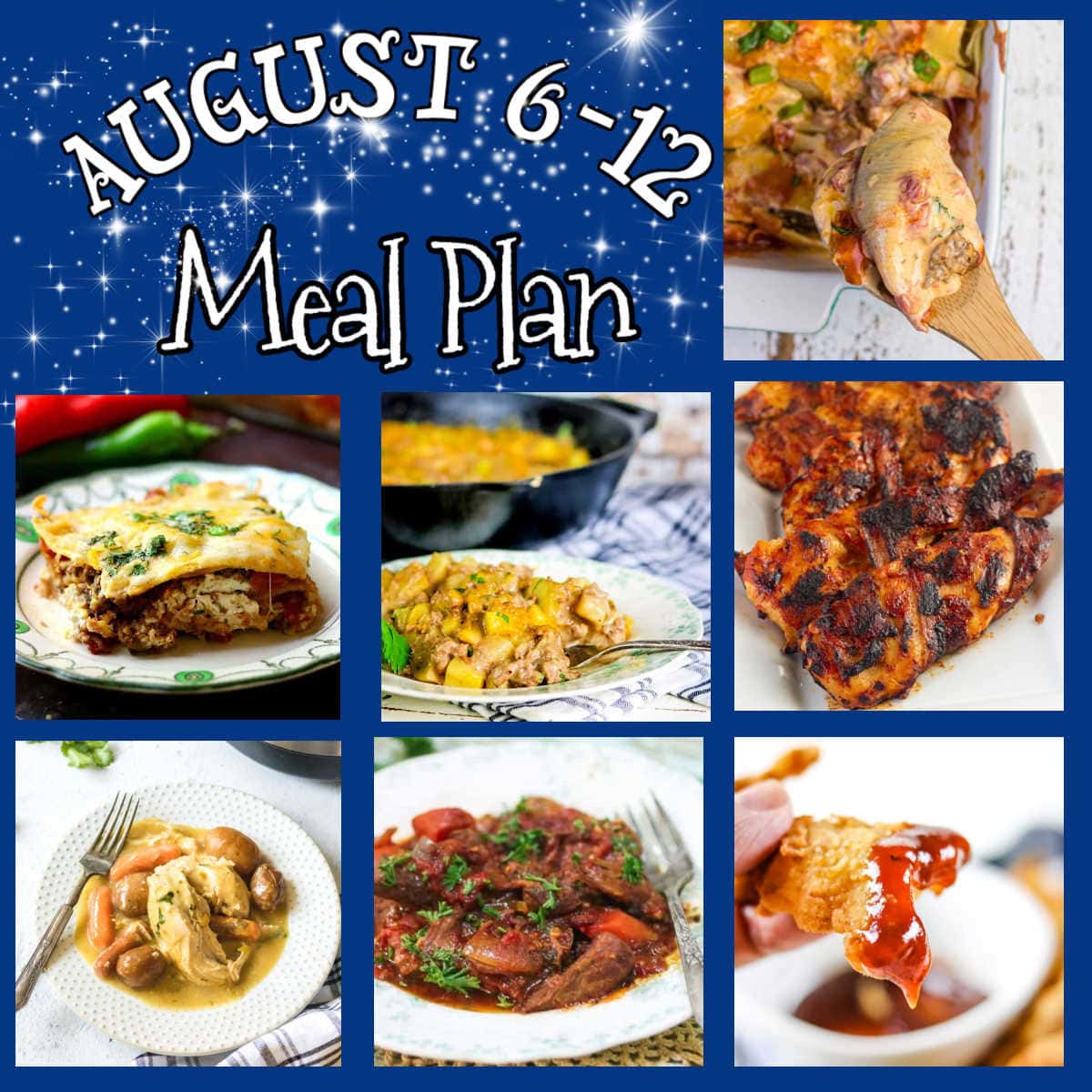 Collage of main dish images for this meal plan.