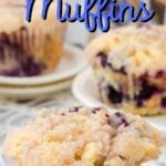 Blueberry muffin on a plate with text overlay for Pinterest.