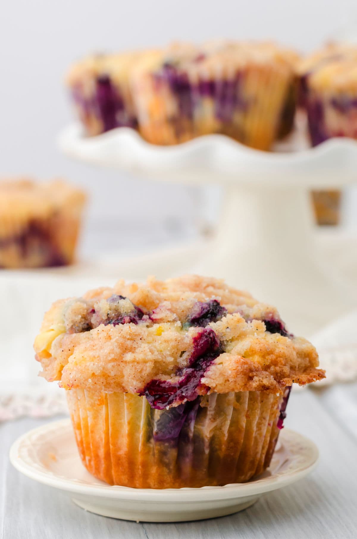 Decorative image. Closeup of a blueberry muffin on a plate.