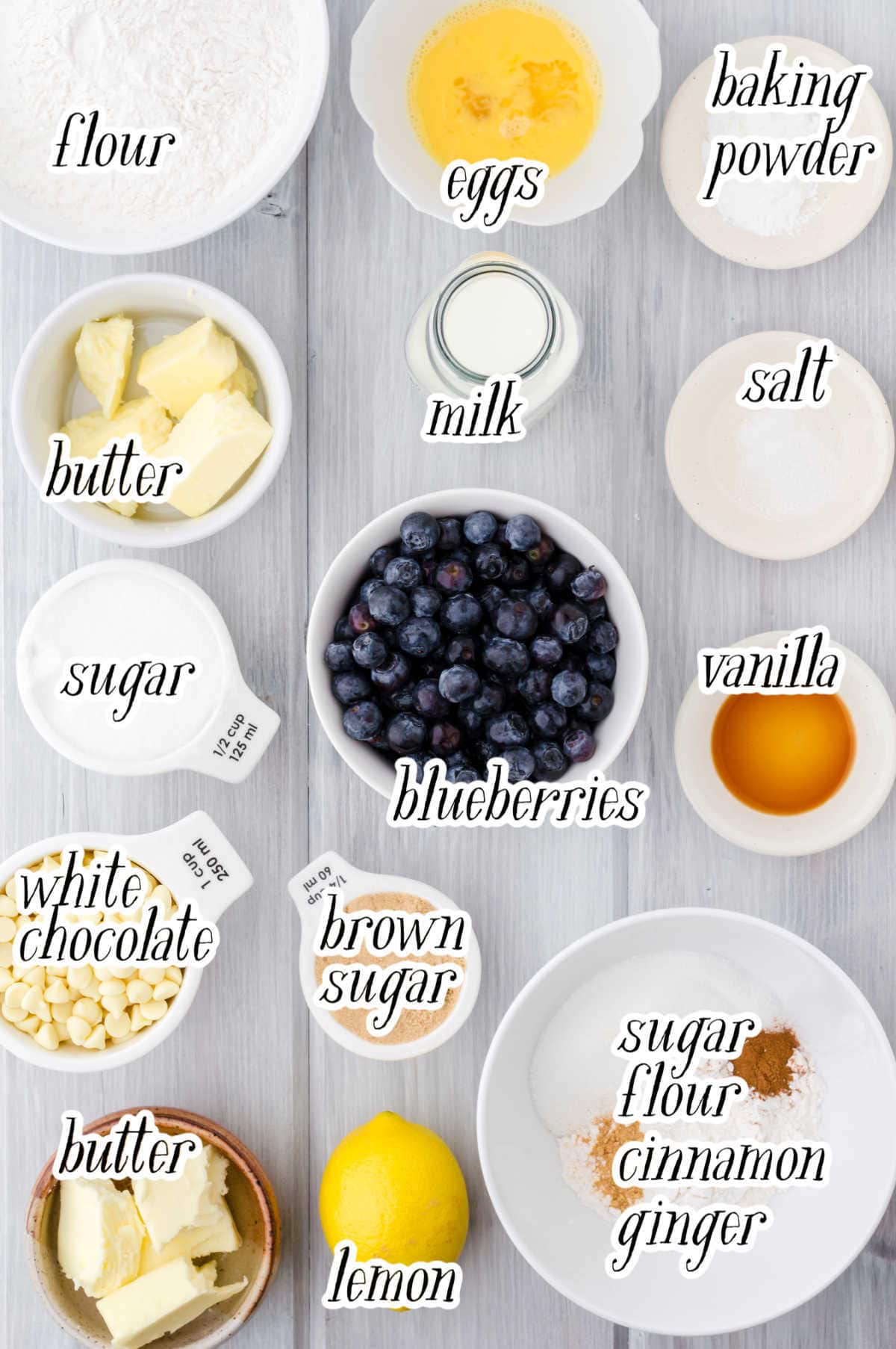 Ingredients for blueberry white chocolate muffins.