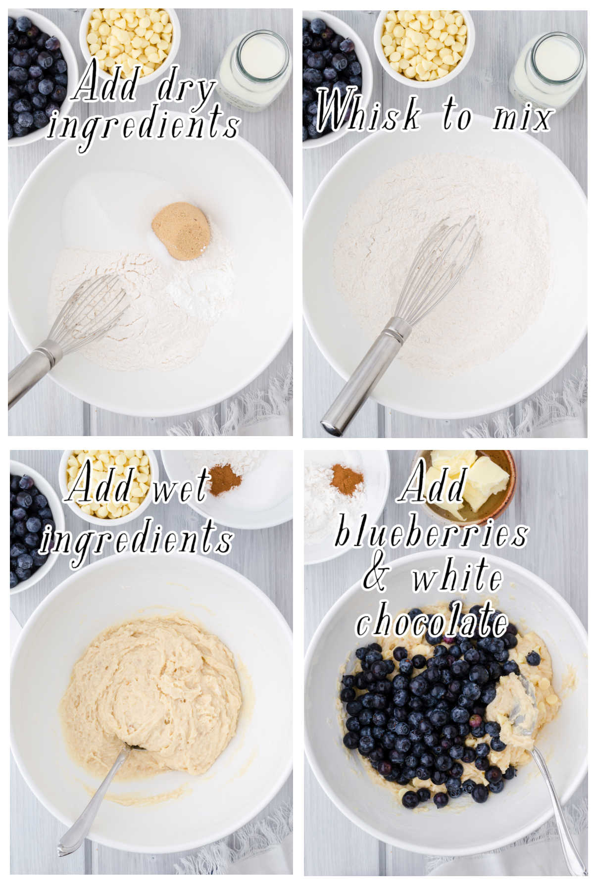 Collage of images showing steps 1-4 of this blueberry muffin recipe.