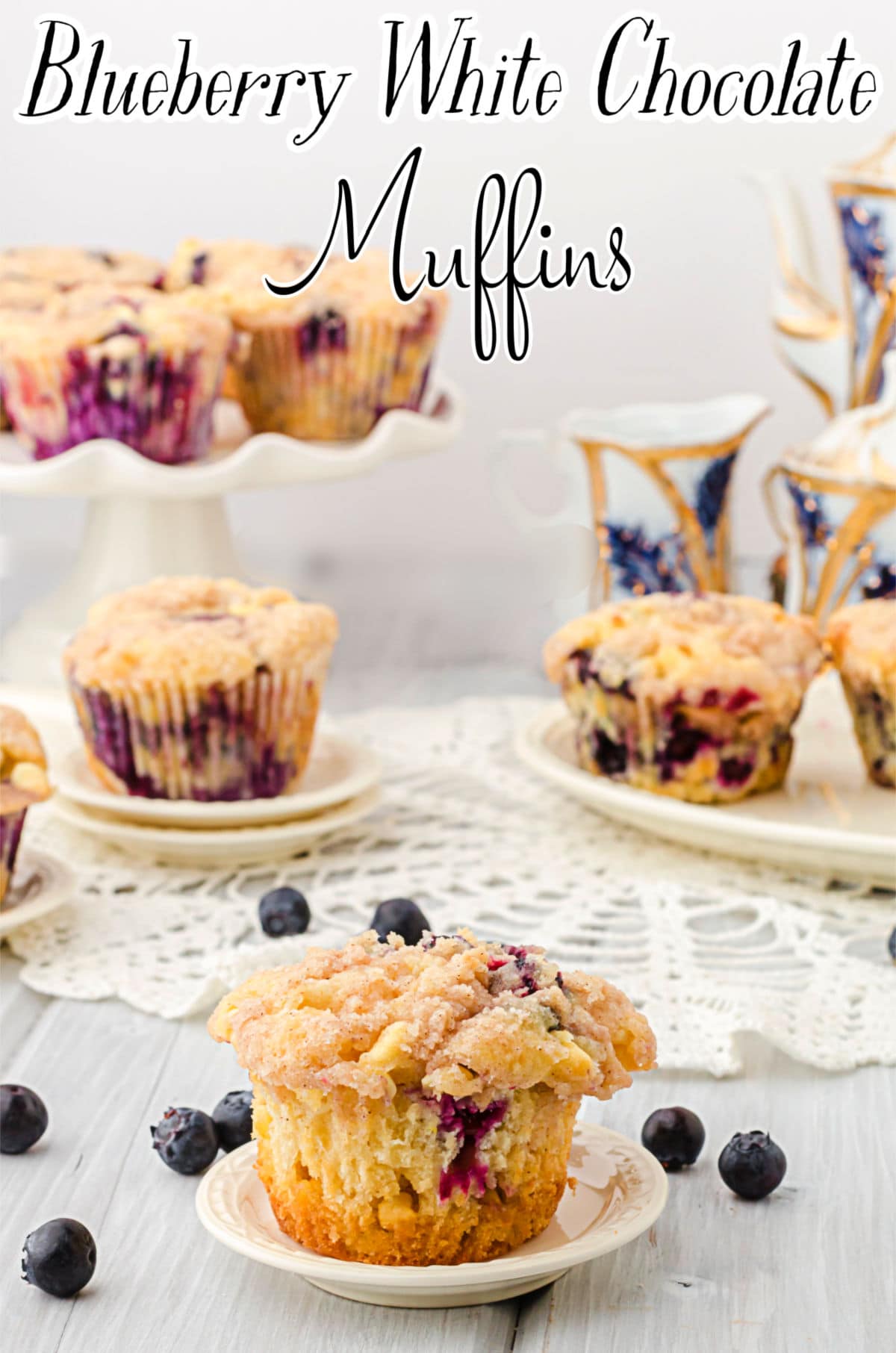 Title image for this recipe. Blueberry muffin on a plate with more muffins in the background.