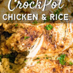 Overhead view of a slow cooker filled with this recipe - text title overlay for Pinterest.