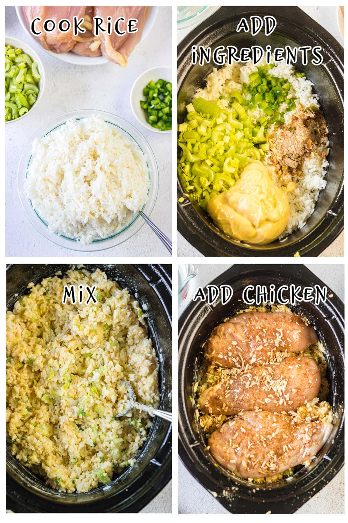 Step by step images showing how to make crockpot chicken and rice.