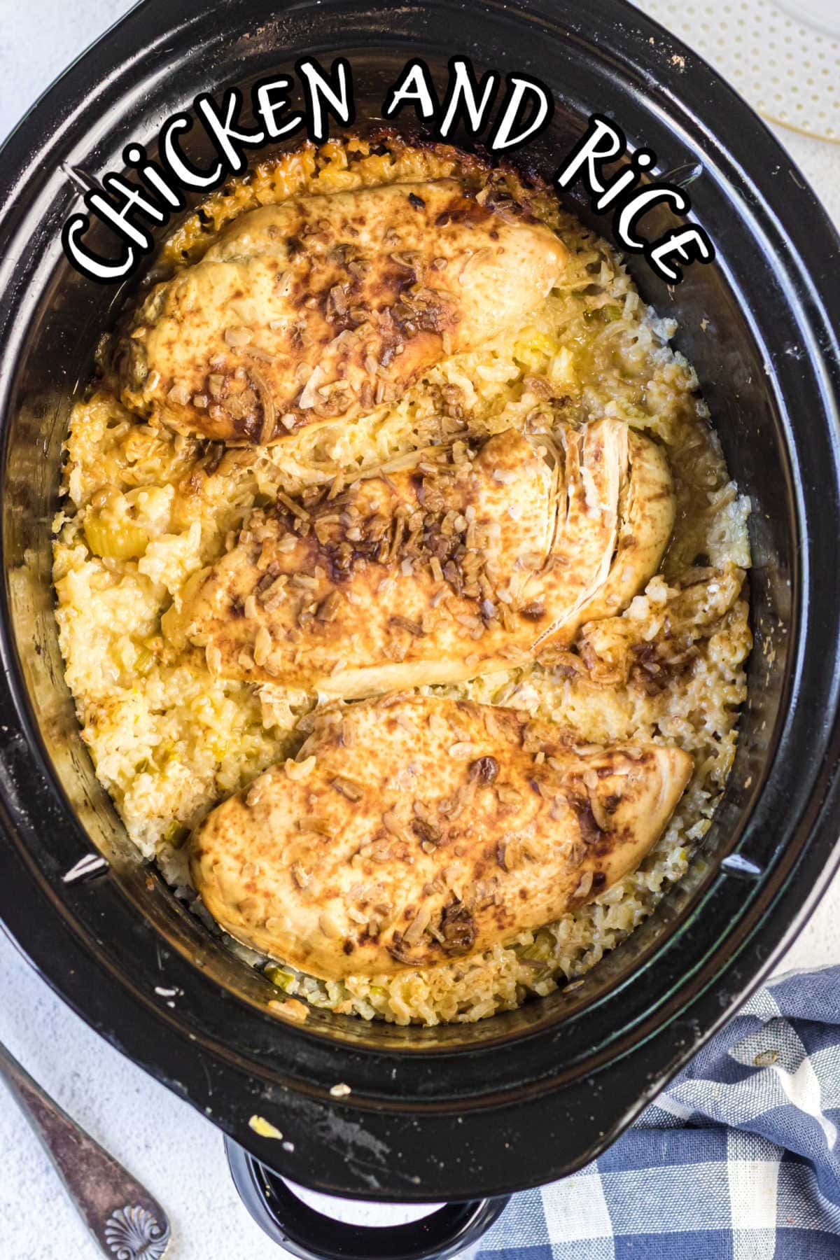 Overhead view of chicken and rice in a slow cooker with title text overlay.