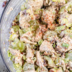 Overhead view of chicken salad in a bowl.