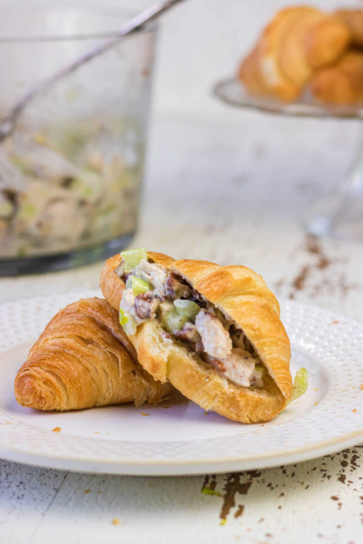 Recipe idea. Finished chicken salad in a croissant ready to be eaten.
