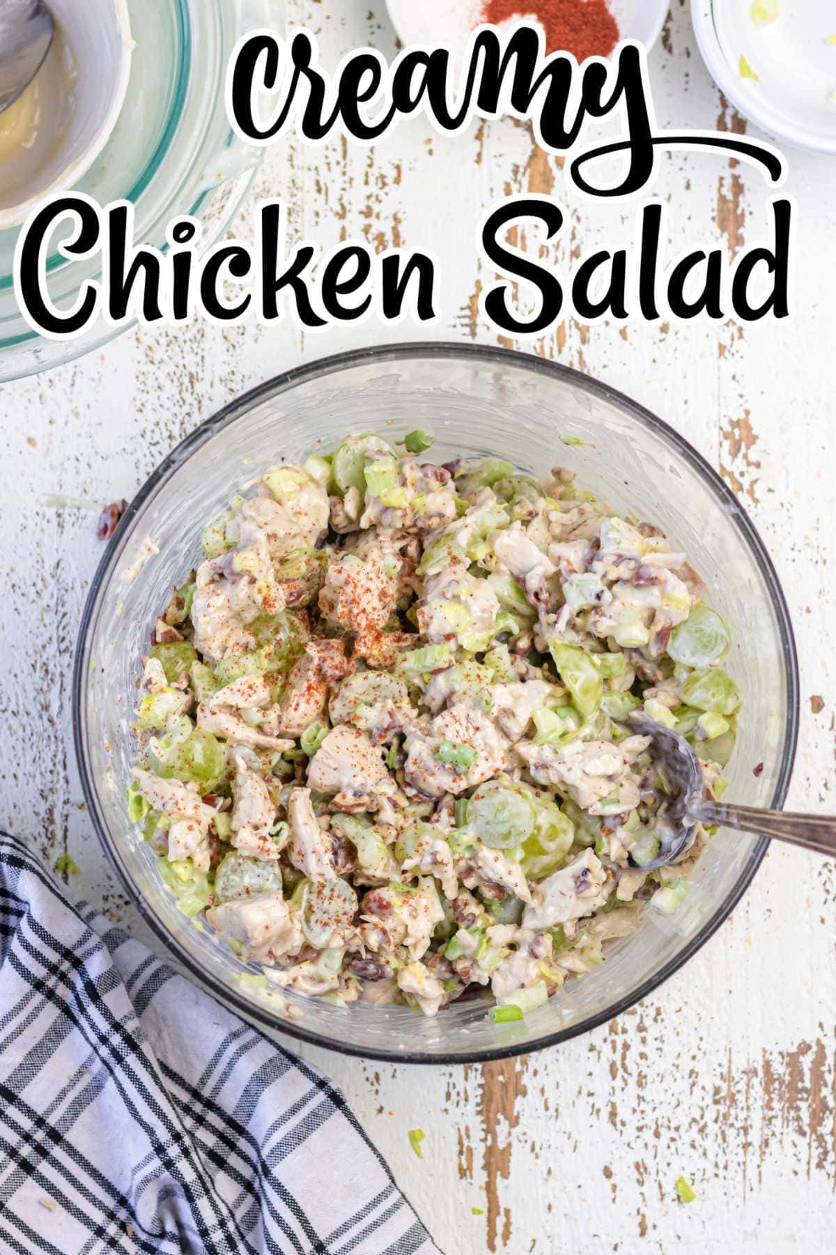 Overhead view of a bowl of chicken salad with title text overlay.
