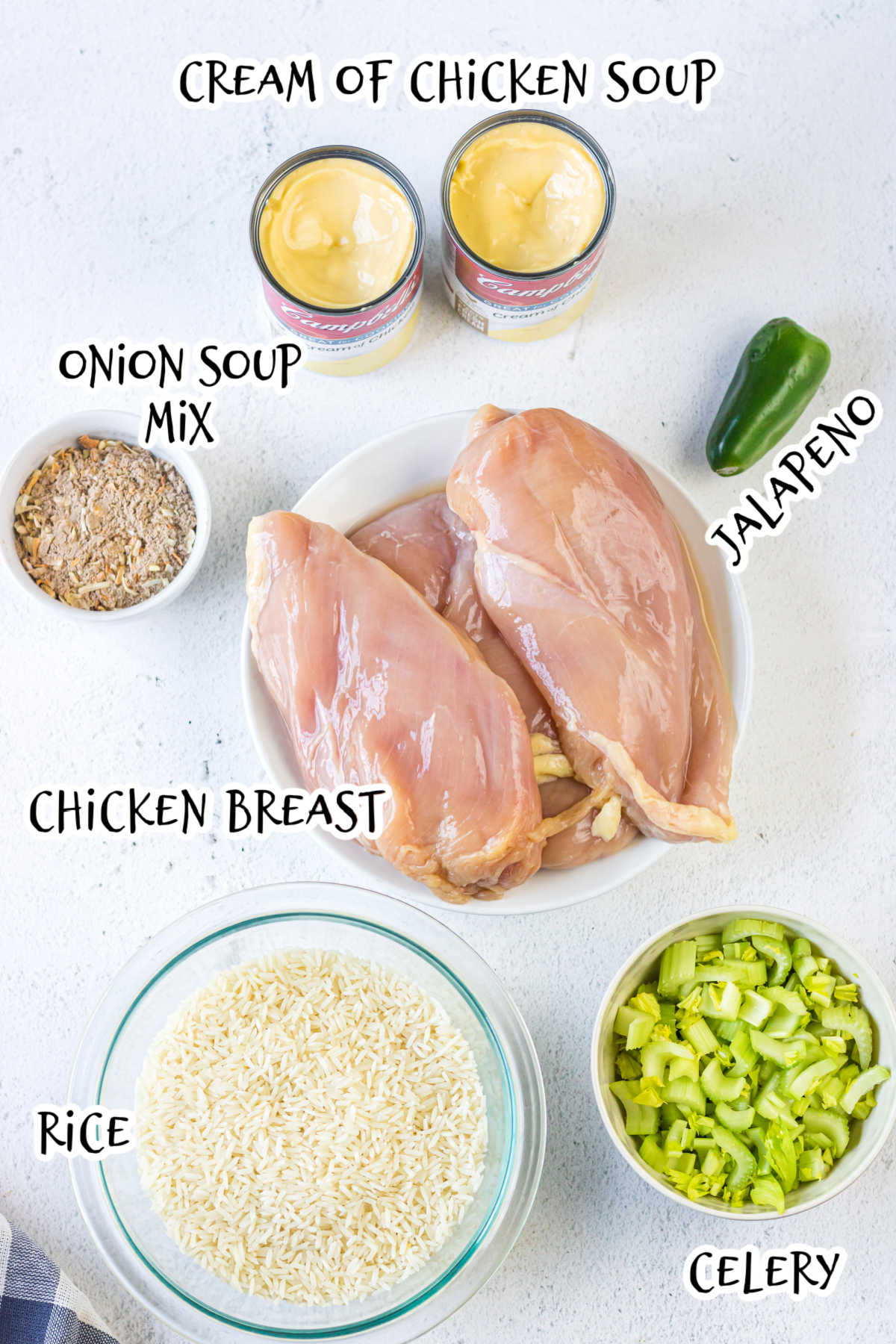 Ingredients for chicken and rice casserole.