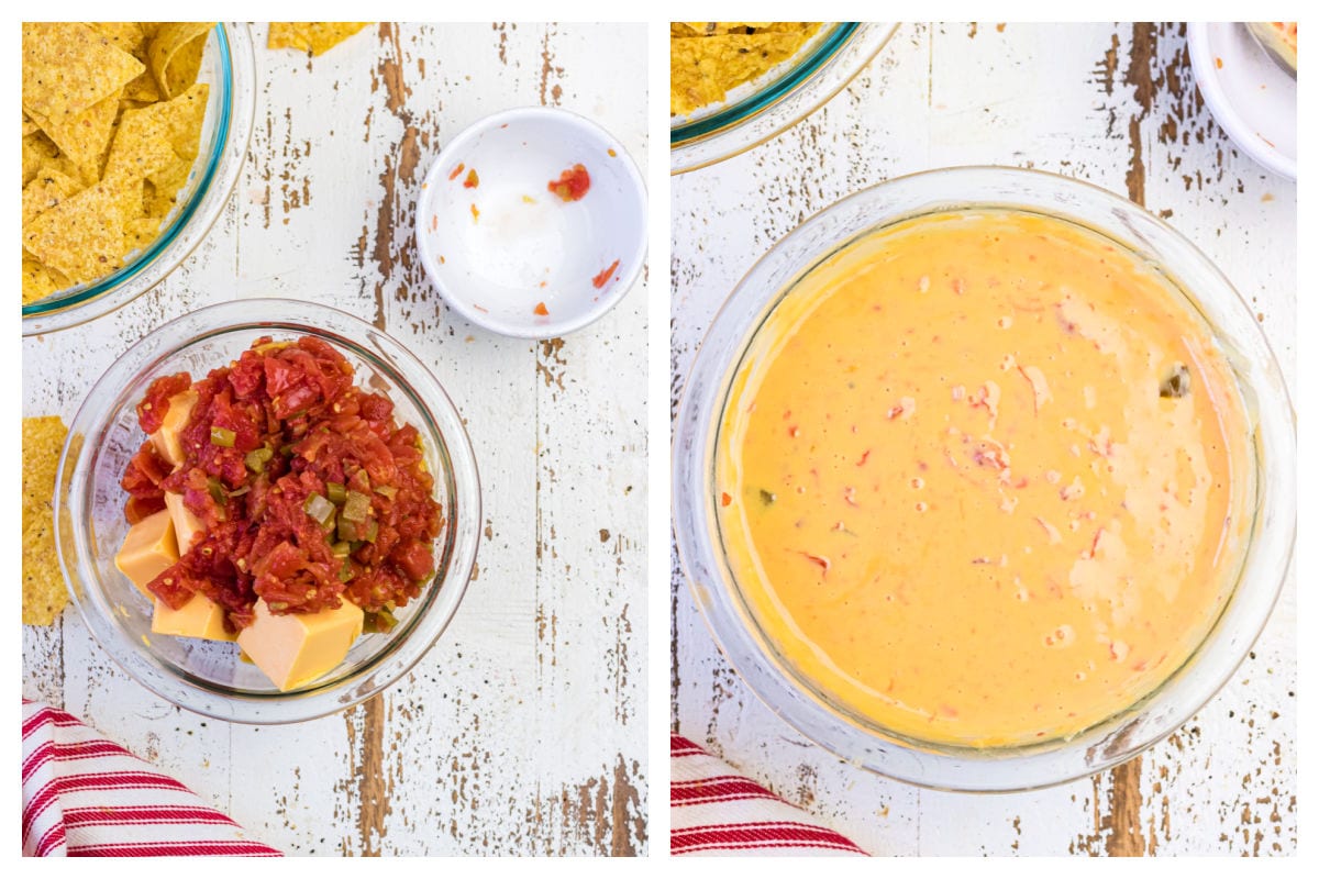 Collage showing steps for making queso.