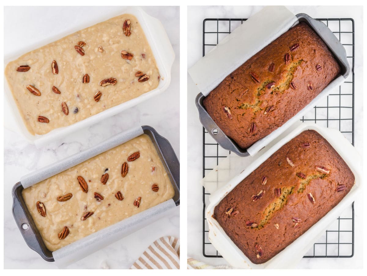 Collage of the unbaked batter and the finished loaves.