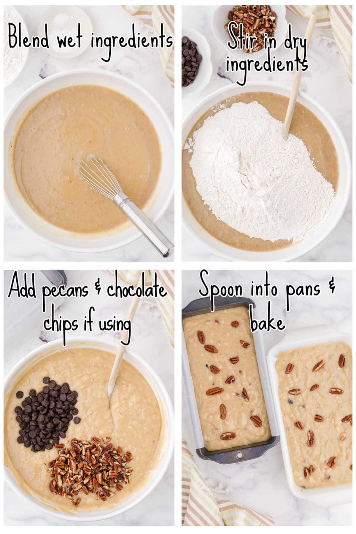 Step by step images showing how to make this banana bread recipe.