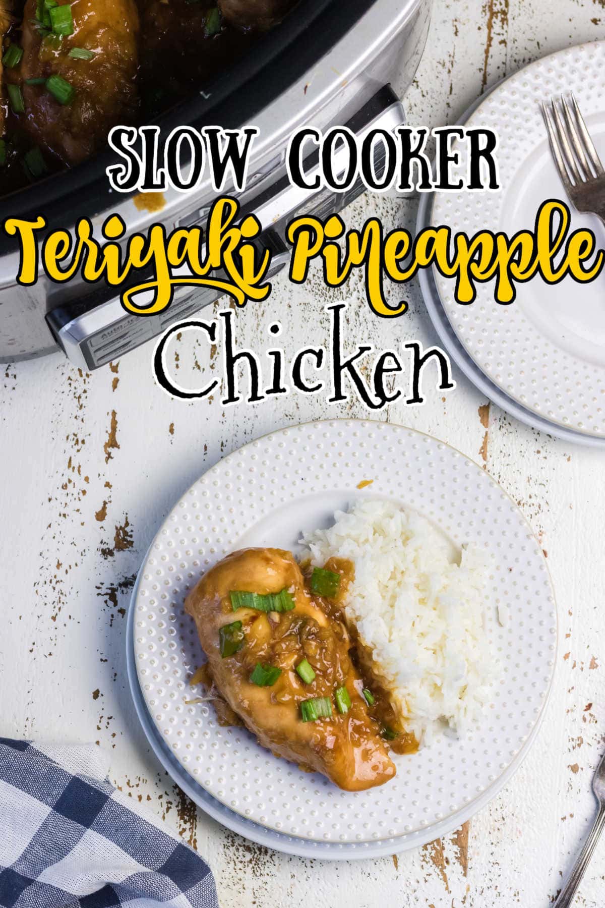 Overhead view of Crock Pot chicken teriyaki on a plate with title text overlay.