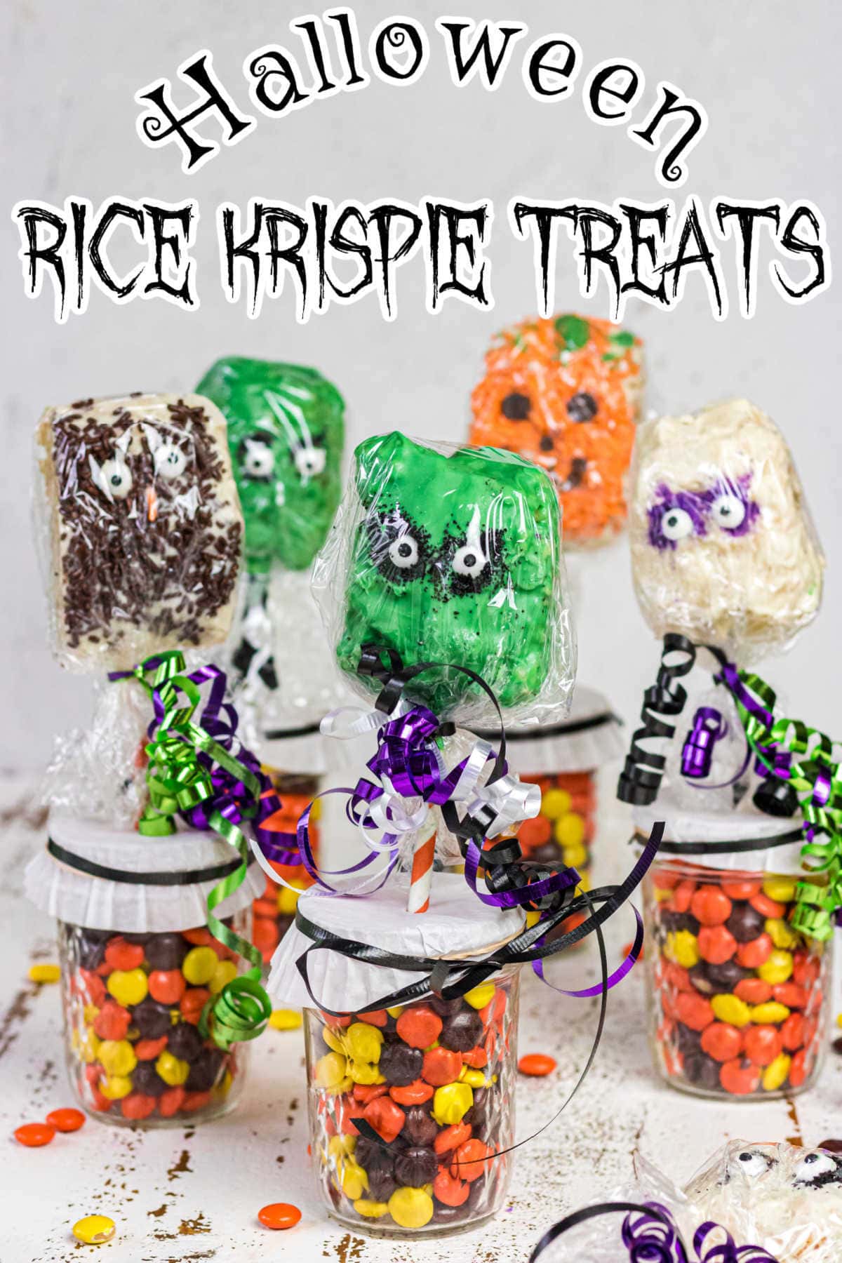 Rice Krispie Treats arranged on a serving table. Title text overlay.