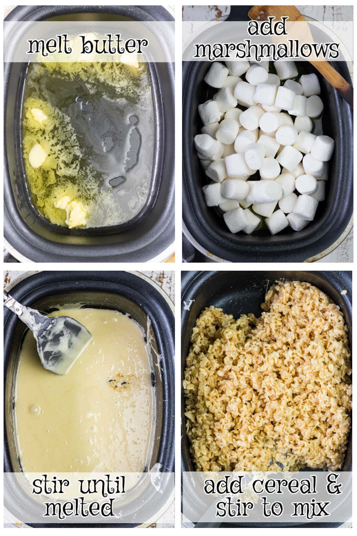 Step by step images for making Rice Krispie Treats.
