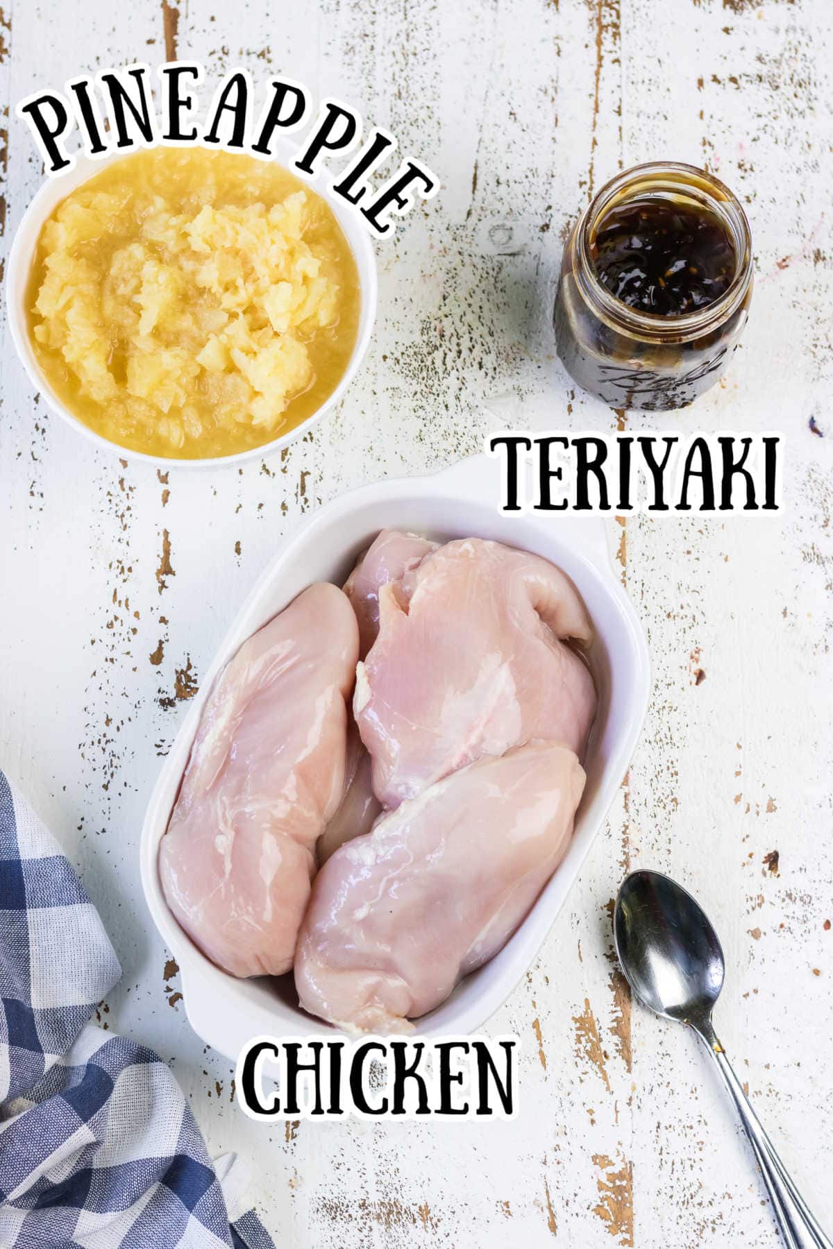 Labeled ingredients for teriyaki chicken.