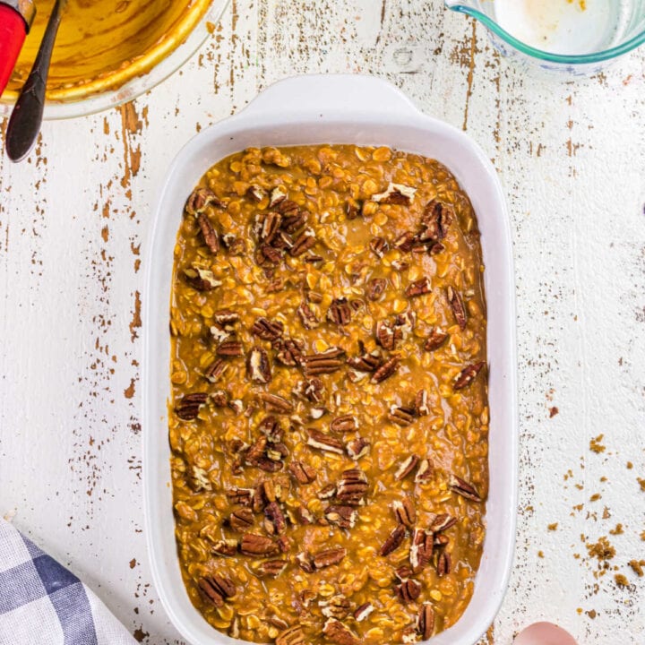 Overhead view of oatmeal batter in baking pan.