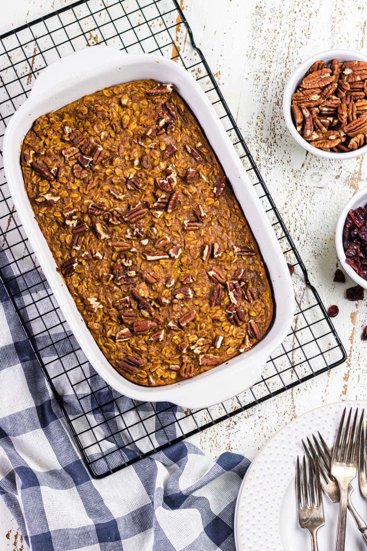 Overhead view of the finished baked oatmeal.