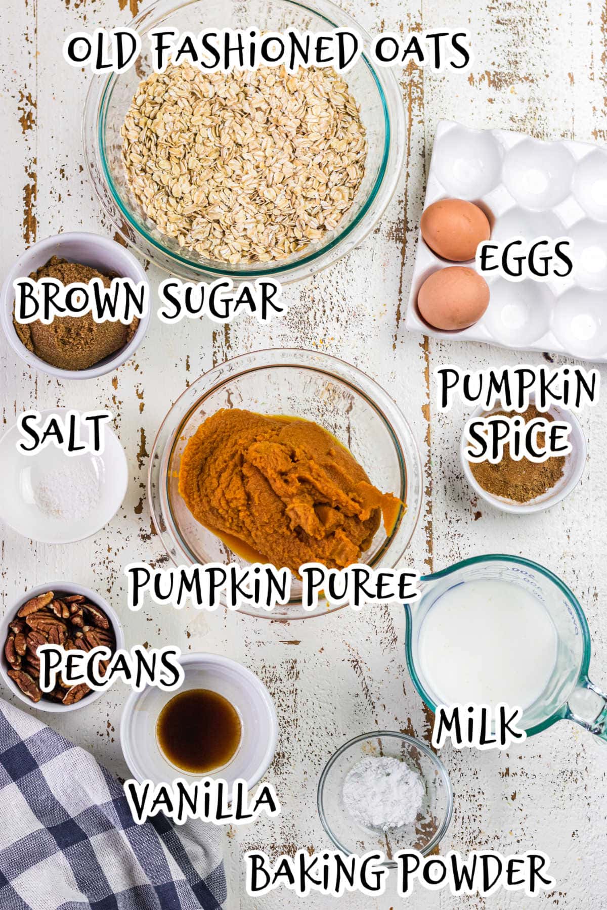 Labeled ingredients for pumpkin baked oatmeal.