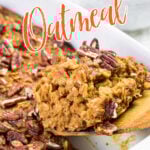 A serving of oatmeal being lifted from the baking dish with a text title overlay for Pinterest.