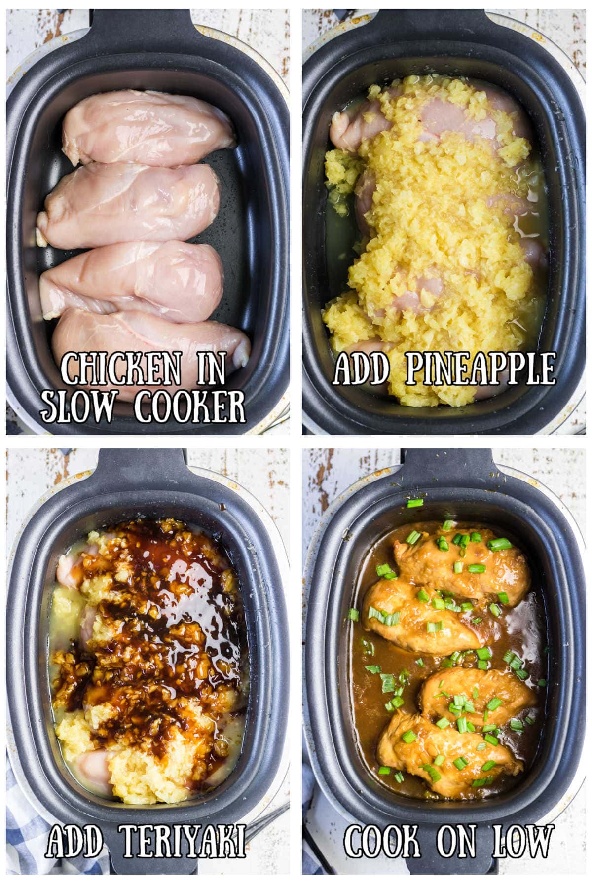 Step by step images showing how to make pineapple teriyaki chicken in the slow cooker.