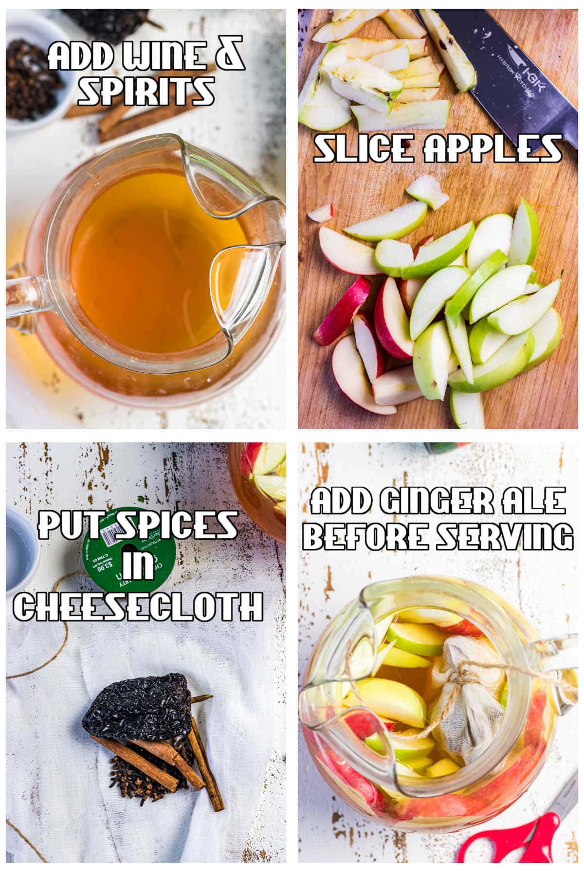 Step by step images for making apple cider sangria.