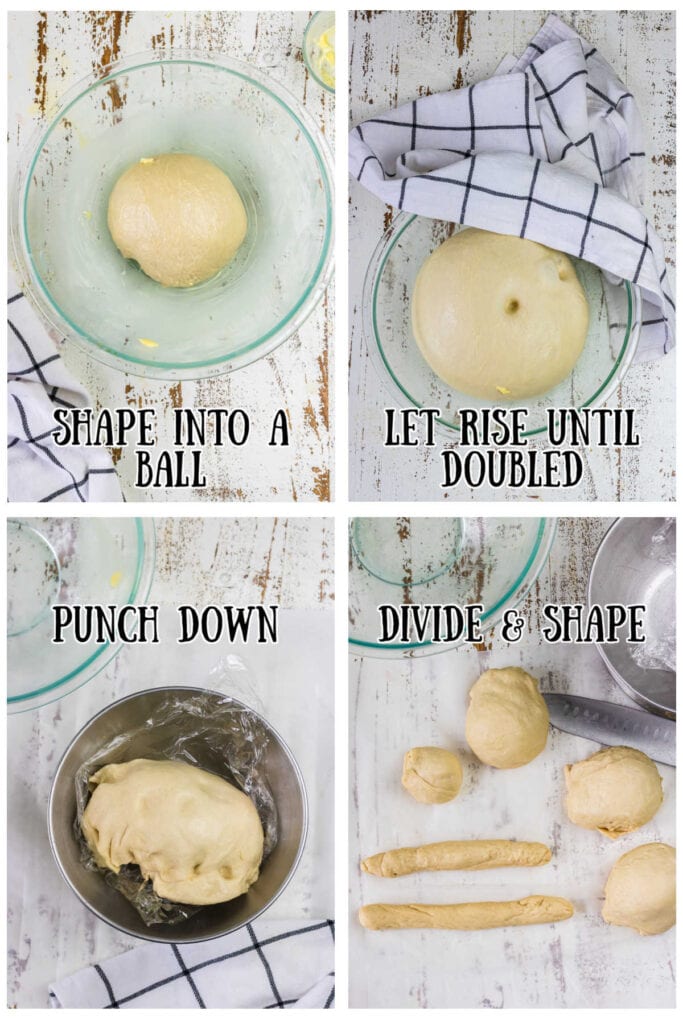 Step by step images showing the dough rising and shaping.