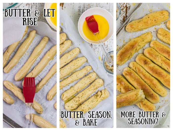Step. by step images for rising and baking shaped breadsticks.