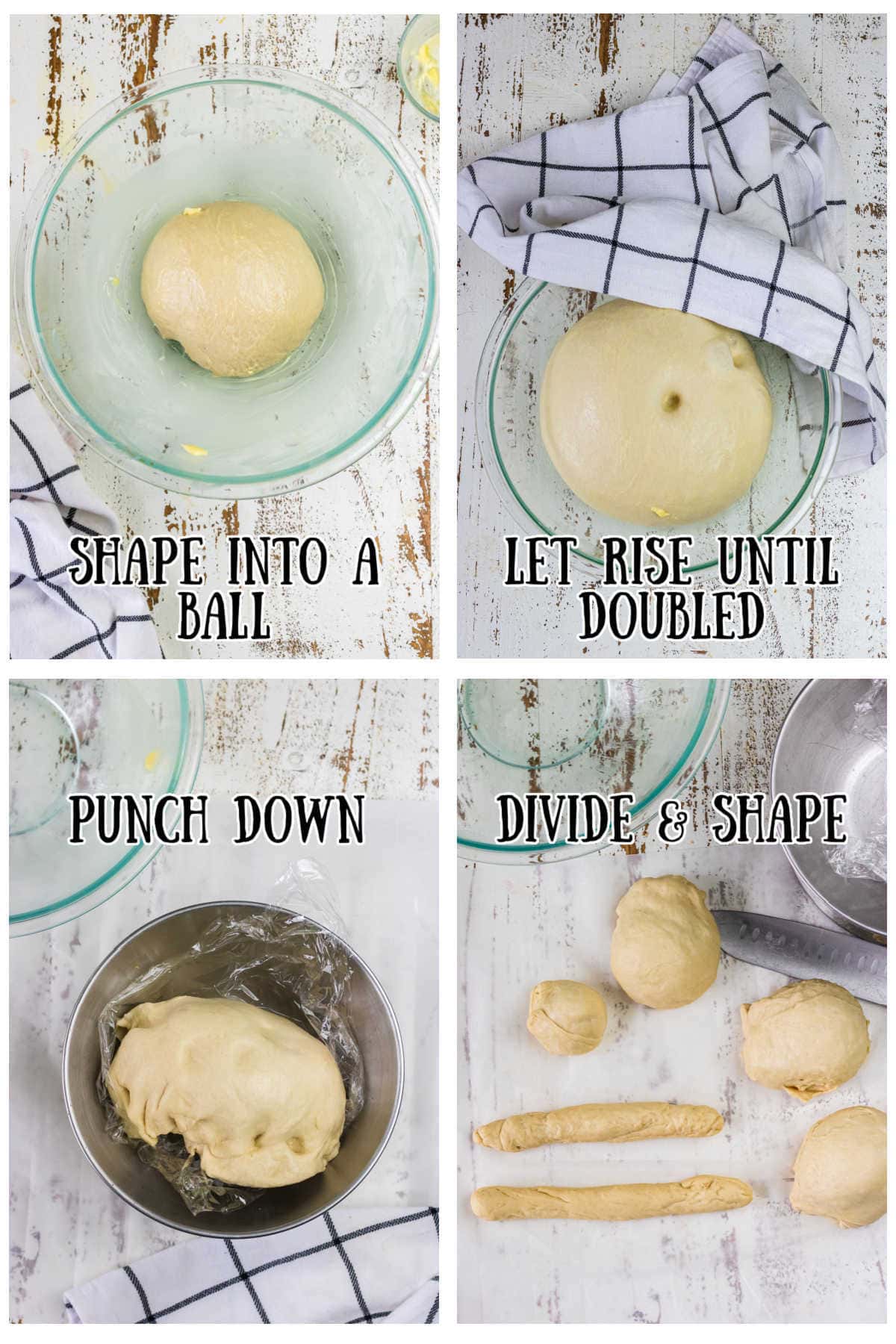 Step by step images showing the dough rising and shaping.