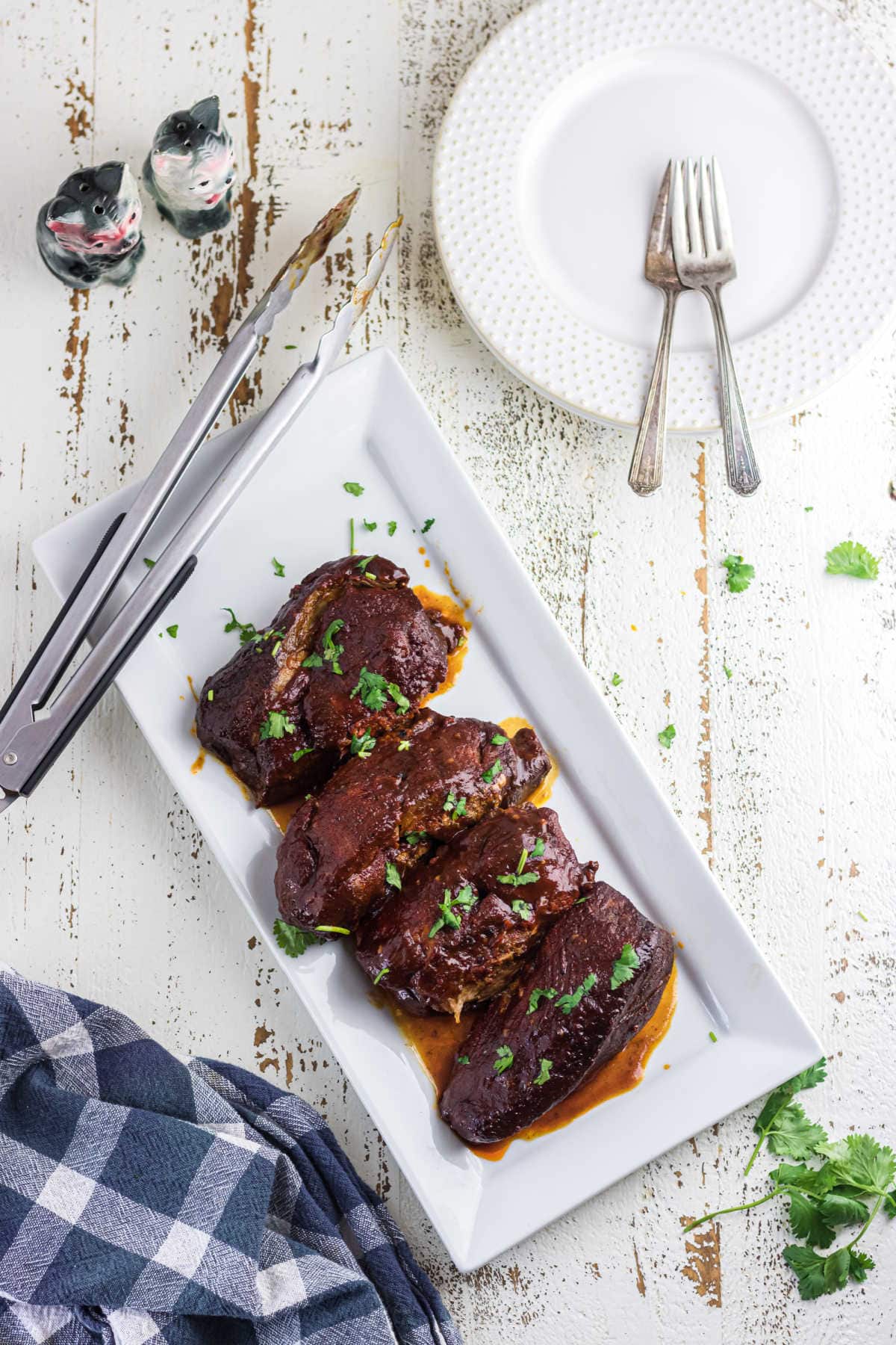 Finished ribs on a platter ready to be served.