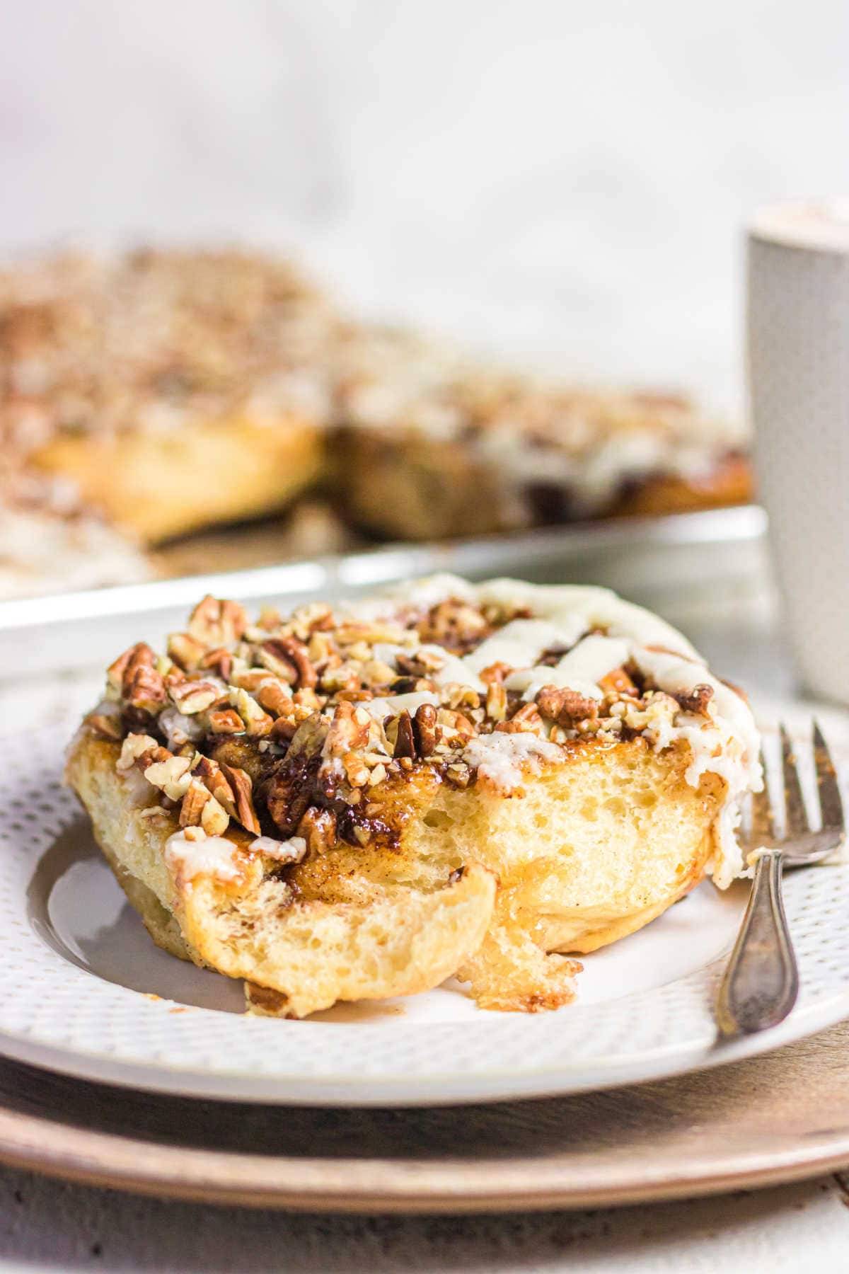 Closeup of a pecan roll.