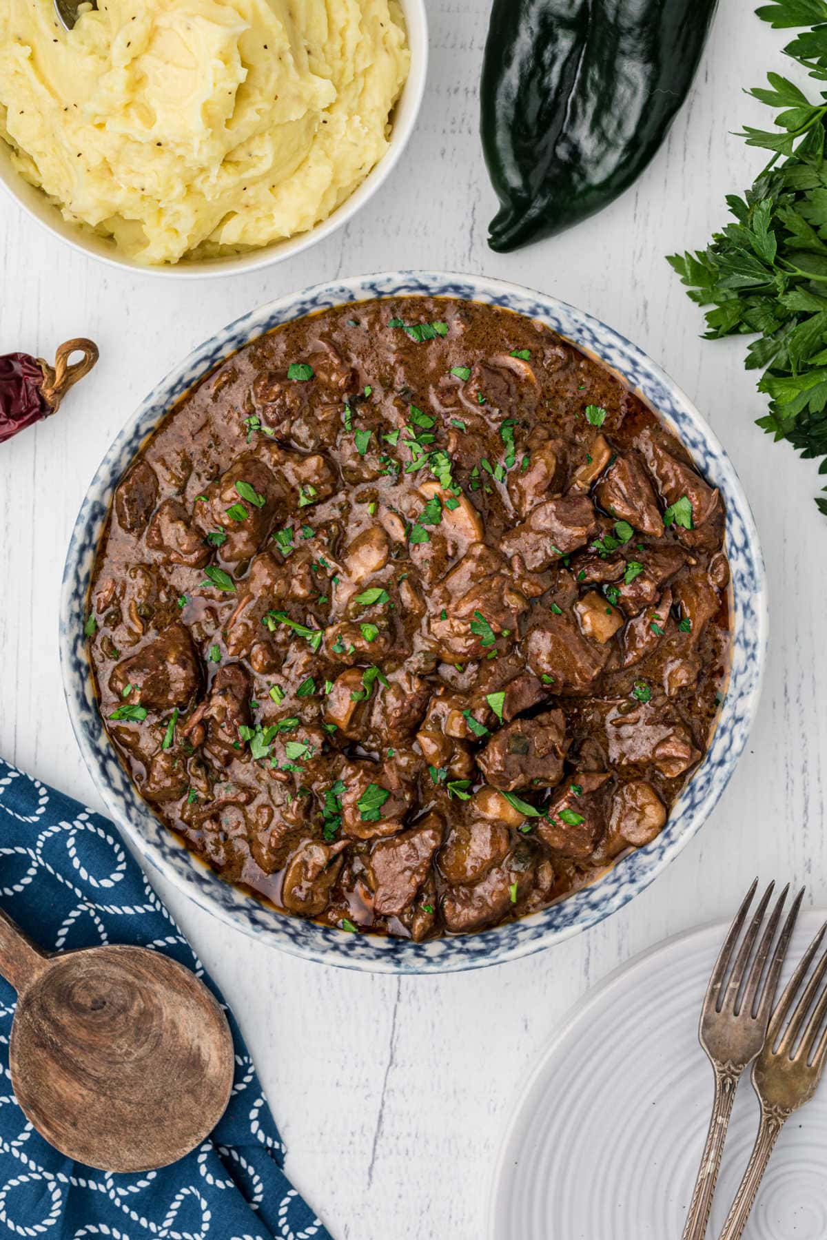 Overhead view of a pot of the finished beef tips.