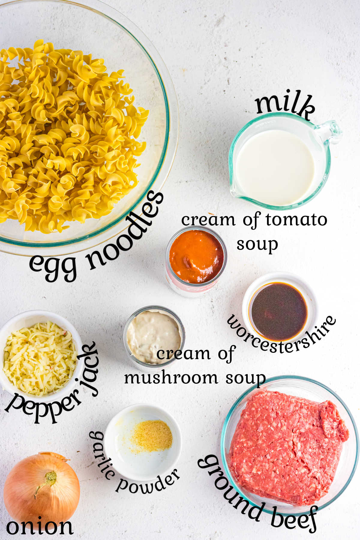 Ingredients for hamburger noodle casserole.