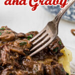 Close up of beef tips and gravy with text for Pinterest.