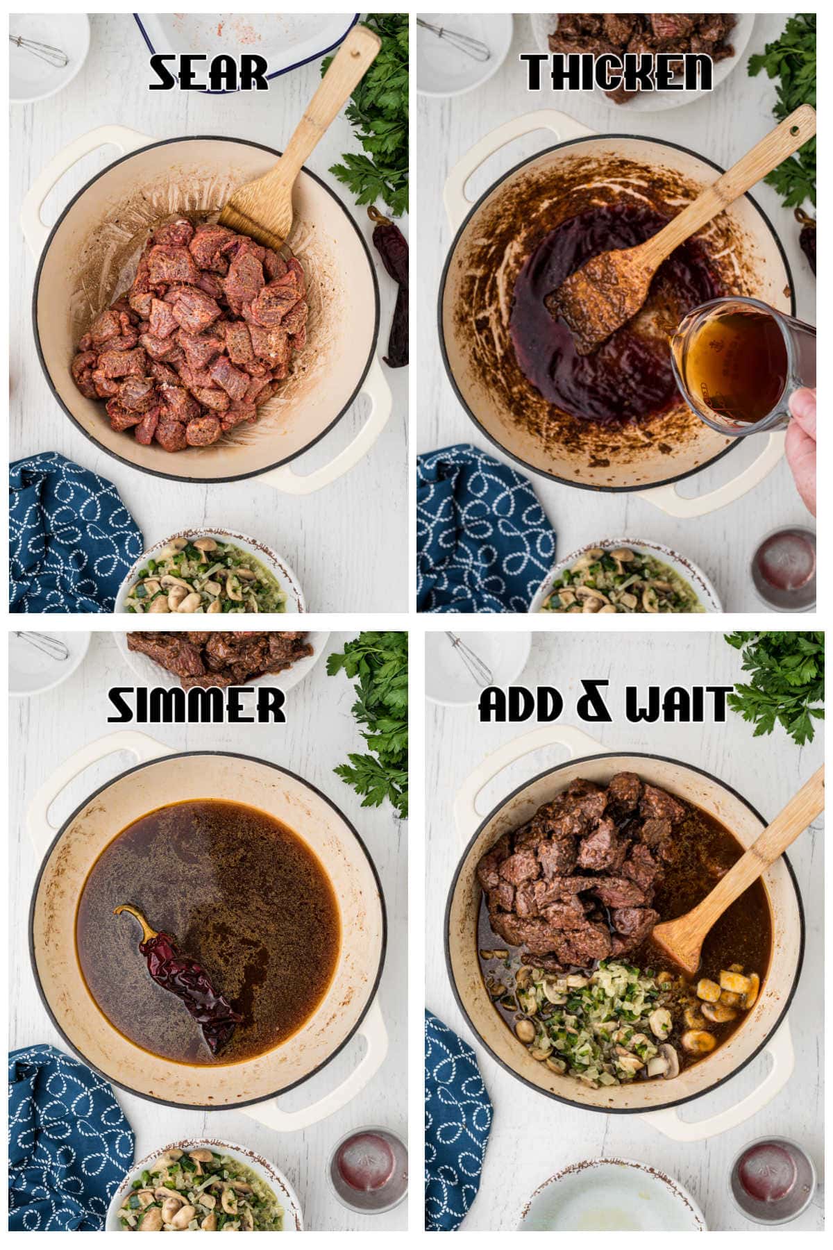 Steps 4 through 8 for making beef tips and gravy.