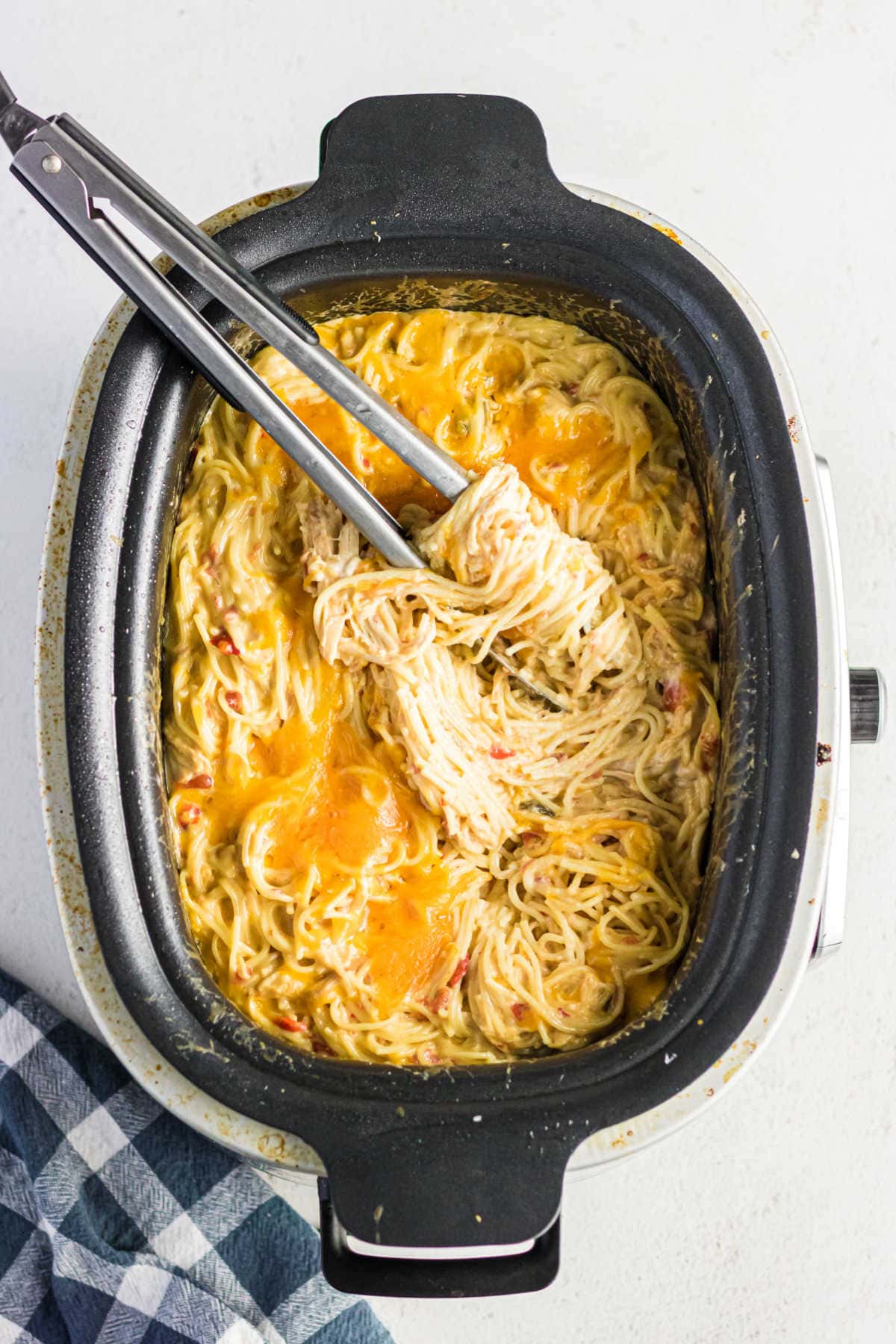 Overhead view of this dish in the crockpot.