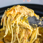 Pinterest pin with text overlay.Closeup of a serving of pasta being removed from the slow cooker.