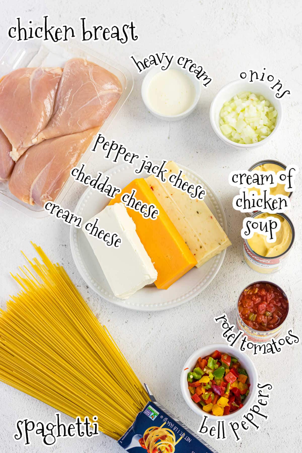 Overhead view of the labeled ingredients for this recipe.
