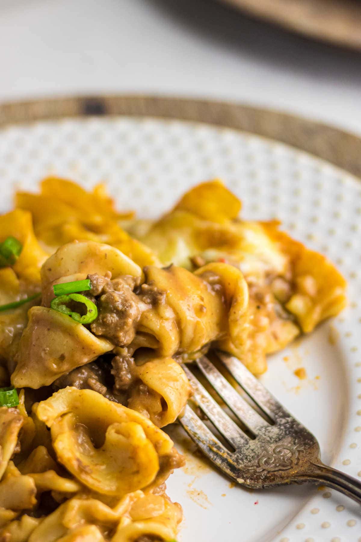 Closeup view of the ground beef noodle casserole.