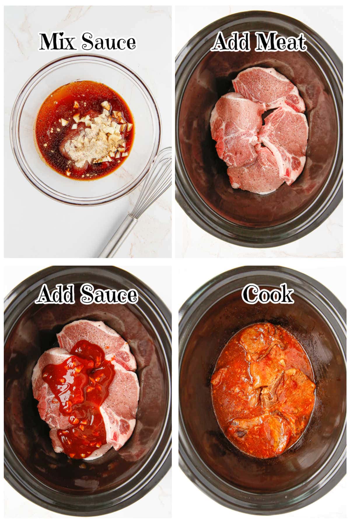 Step by step images showing how to make honey garlic pork chops.