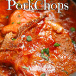 Image of the finished pork chops in the crock pot with text overlay for Pinterest.