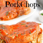 Image of the finished pork chop with text overlay for Pinterest.