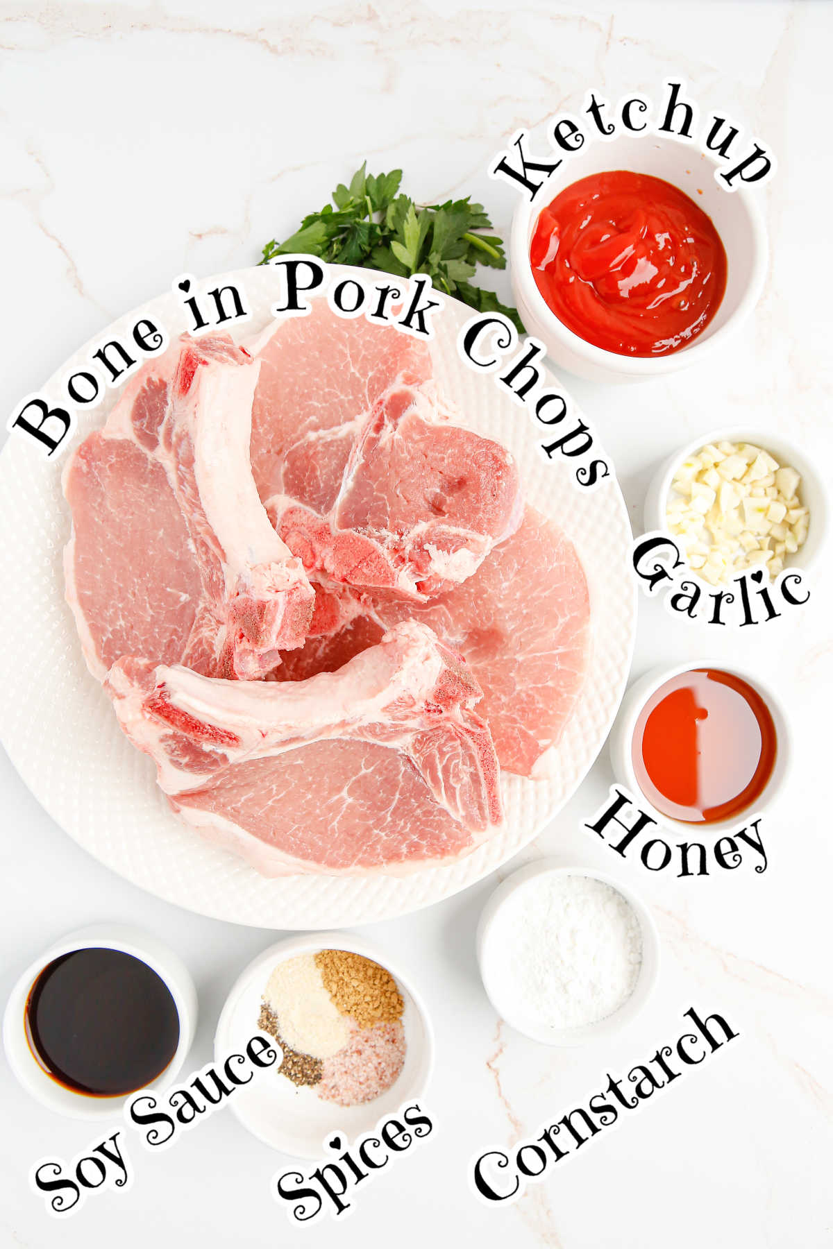Labeled ingredients for this glazed pork chop recipe.