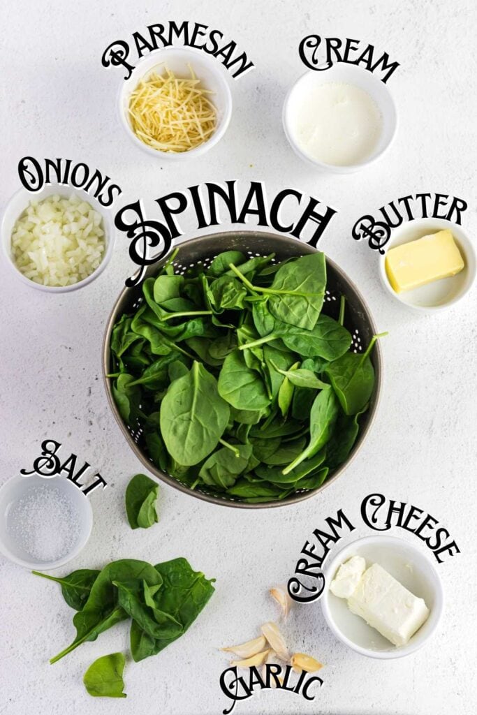 Labeled ingredients for keto creamed spinach recipe.