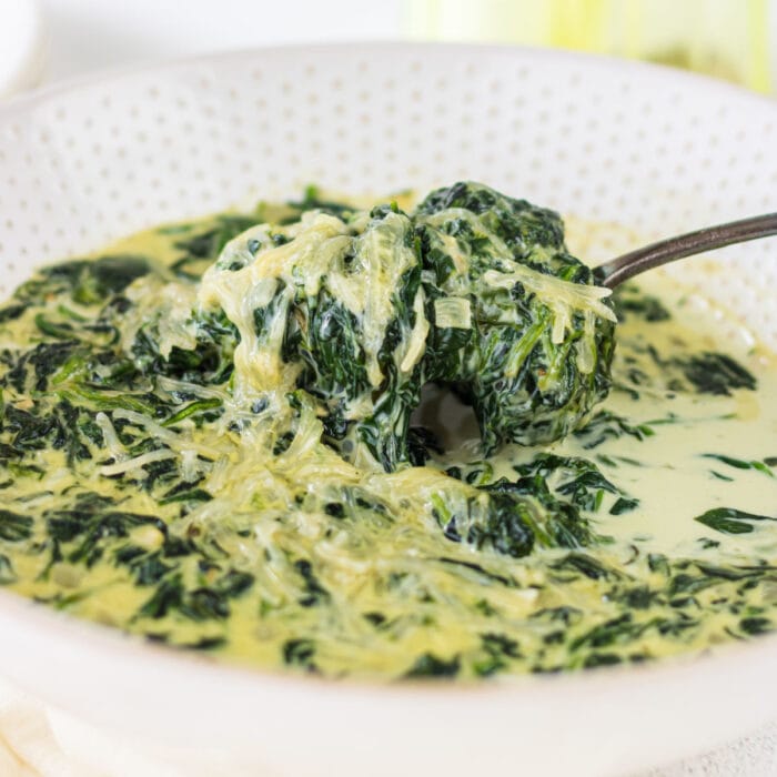 Spoonful of creamed spinach.