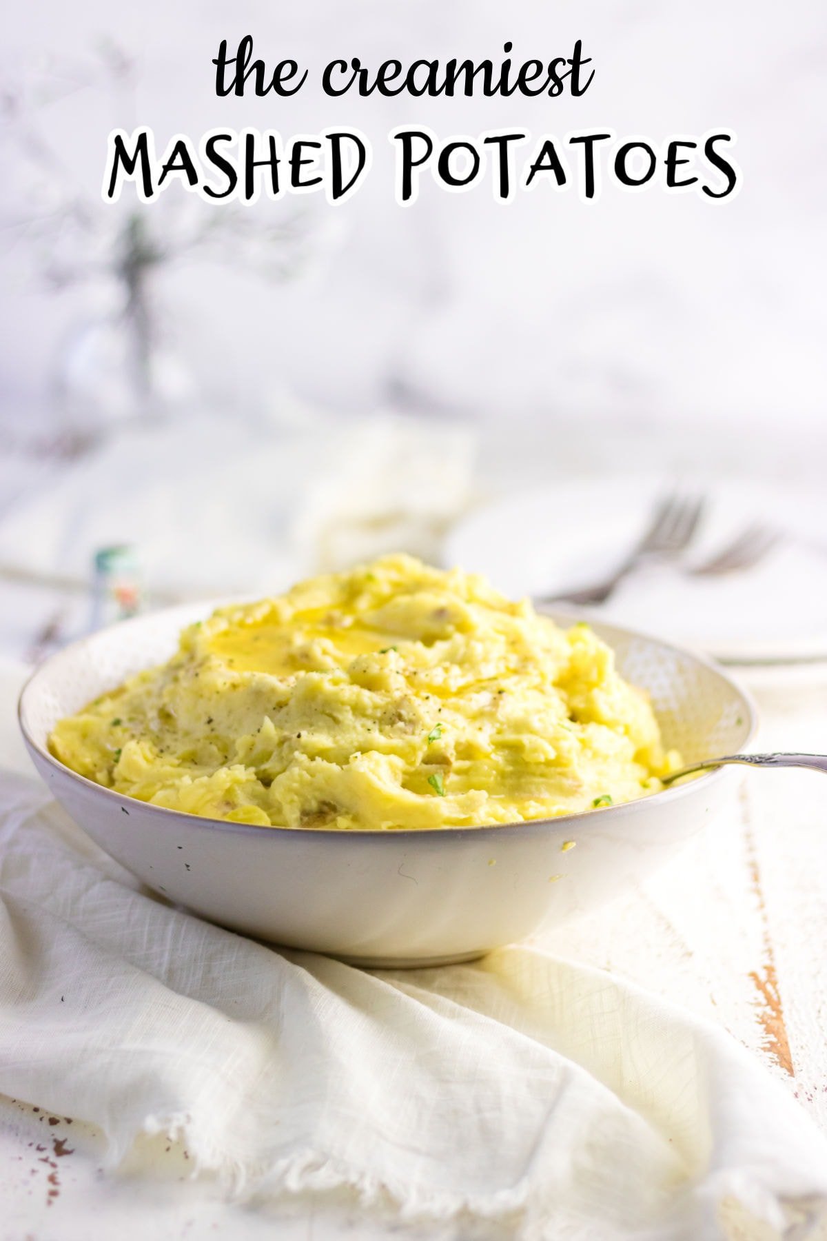 Mashed potatoes in a white bowl with title text overlay.