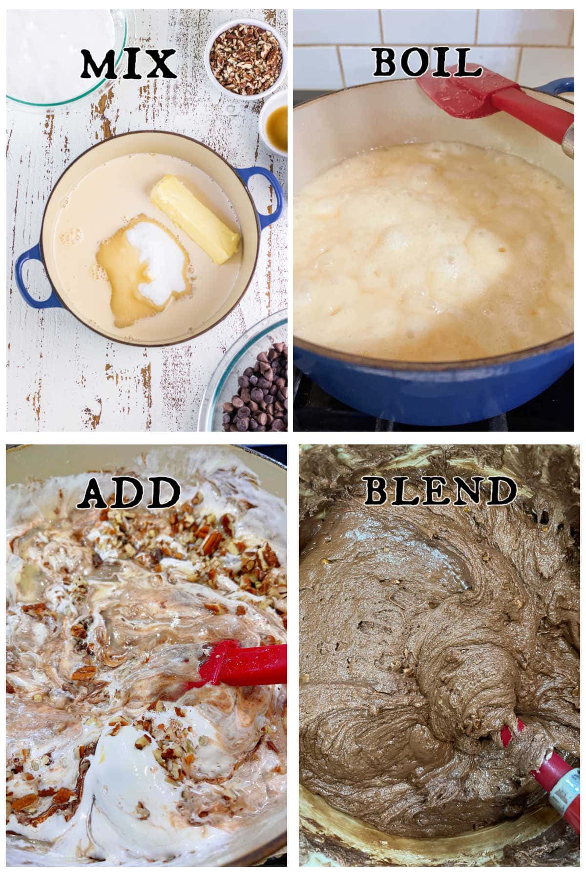 Step by step images showing how to make old fashioned fudge.