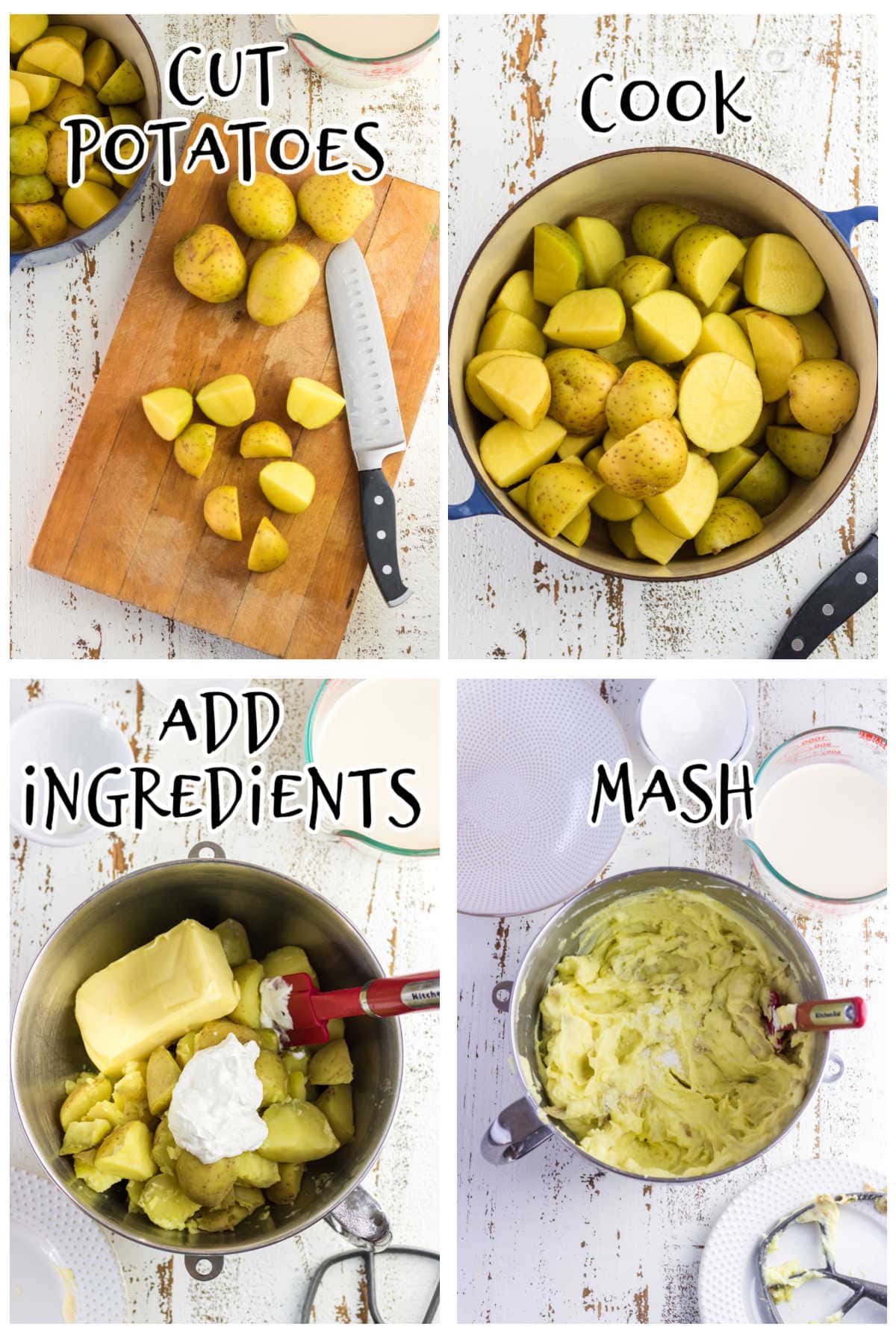 Step by step images showing how to make mashed potatoes.