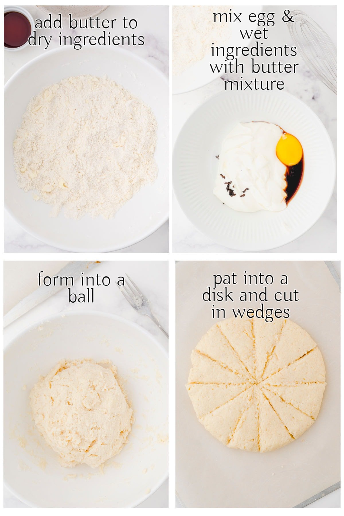 Collage of step by step images showing how to make scones.